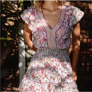 Poupette St. Barth Camilla Floral Mini Dress XS Green Pink Ruffle Colorful